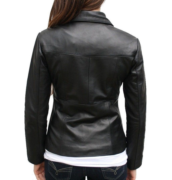 Noora Women's lambskin black fitted leather jacket with winged collar ST0244