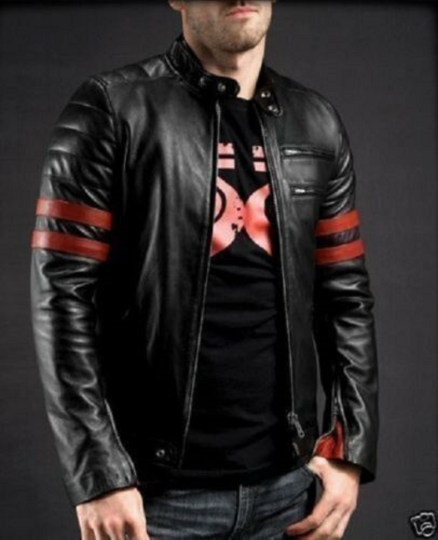 Noora New Men's Lambskin X-MEN WOLVERINE Black & Red Strips Biker Leather Jacket |Vintage Jacket| Biker Jacket