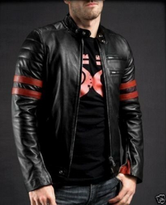 Noora New Men's Lambskin X-MEN WOLVERINE Black & Red Strips Biker Leather Jacket |Vintage Jacket| Biker Jacket