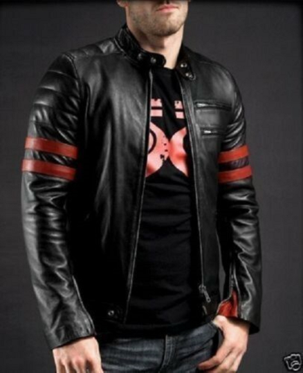 Noora New Men's Lambskin X-MEN WOLVERINE Black with Red Strips Biker Leather Jacket | Vintage Jacket|  Biker Leather Jacket SU043