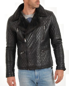 Noora Men’s Quilted Black Leather Jacket With Fur Notched Collar & Zipper & Pocket