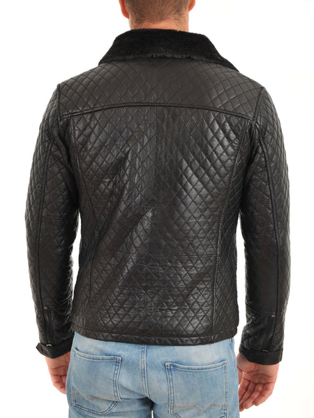 Noora Men’s Quilted Black Leather Jacket With Fur Notched Collar & Zipper & Pocket