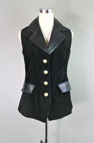 Noora Women's Real Combination of Lambskin Black Leather & Suede VEST COAT with Button Closure Sb234