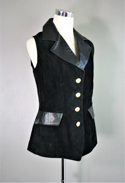 Noora Women's Real Combination of Lambskin Black Leather & Suede VEST COAT with Button Closure Sb234