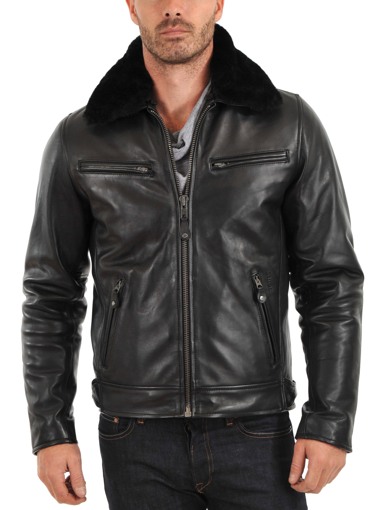 men’s black leather jacket with zippers and fur collar