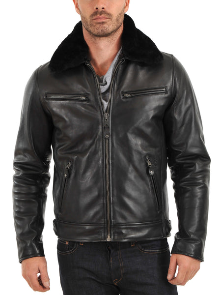 men’s black leather jacket with zippers and fur collar