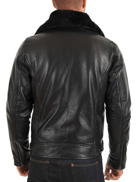 Noora Men’s black leather jacket with zippers and fur collar BS2