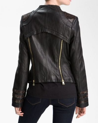 women's black-detailed leather jacket - Noora International