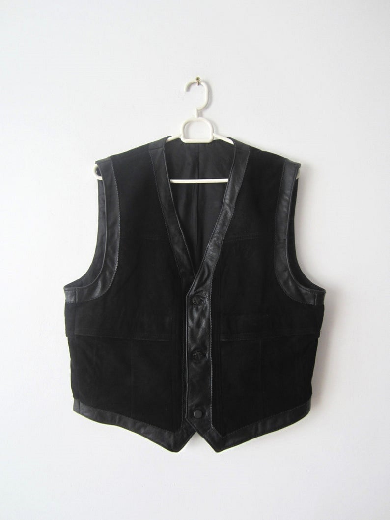 NOORA New Women's Vintage BLACK Suede Vest Coat & Genuine Black Lambskin Leather Vest Coat Button Closure Western Biker Women's Vest Coat ST0222