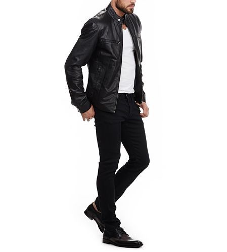 Men’s black leather jacket with front pockets - Noora International