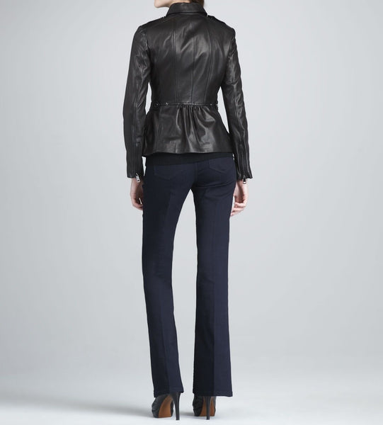 Noora women's simple black peplum leather jacket ST0272