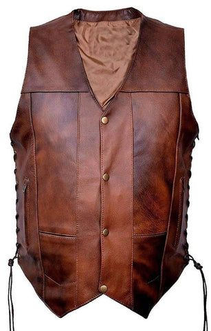 Noora Mens Antique Brown Lambskin Leather Vest Coat | Brown  Side Braided Leather Vest Coat | Designer Racer Leather Vest Coat SU0130