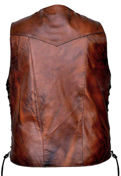 Noora Mens Antique Brown Lambskin Leather Vest Coat | Brown  Side Braided Leather Vest Coat | Designer Racer Leather Vest Coat SU0130