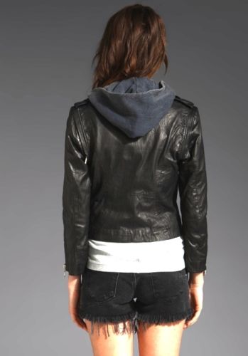 Noora women's black cropped leather jacket with Hoody ST0204