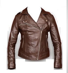 Noora Women's Lambskin Leather Jacket Chocolate Brown | Stylish Zip Up Rider Style Moto Biker Leather Jacket | Gift for her ST0270