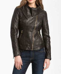 Noora women's rustic brown roll collar Biker leather jacket ST0266