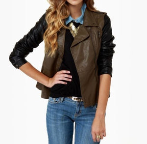 Noora Women's Brown Lambskin Leather Jacket with Black Sleeves ST0263