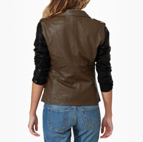 Noora Women's Brown Lambskin Leather Jacket with Black Sleeves ST0263