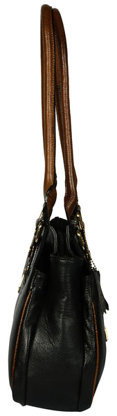Women's black leather bag with brown straps