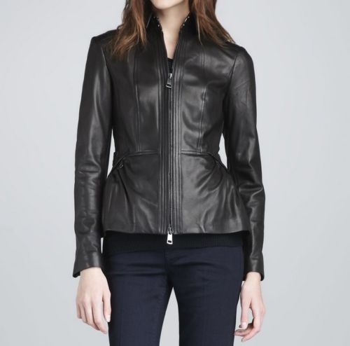 Women's Black Leather Jacket with a Cinched Back - Noora International