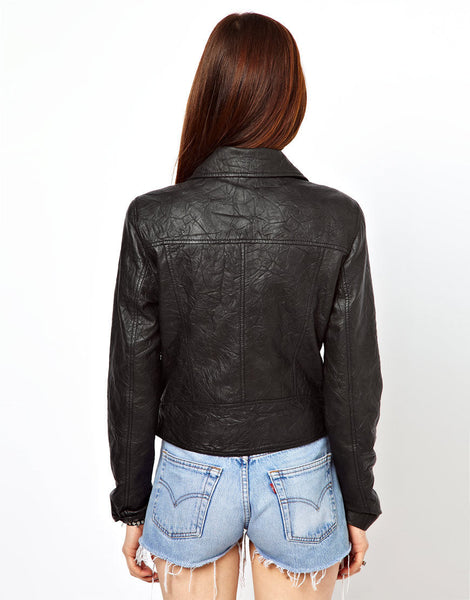 Noora women's textured black motorcycle leather jacket ST0250