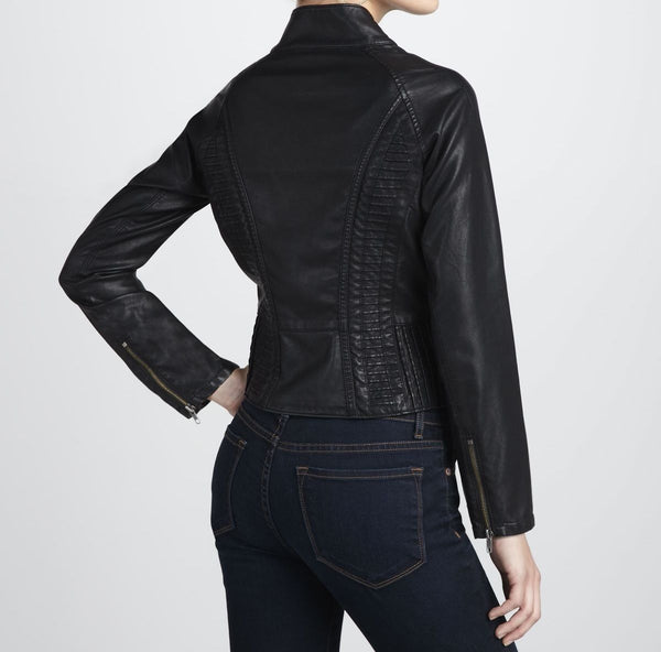 Noora Women's simple black Biker motorcycle Leather jacket ST0249