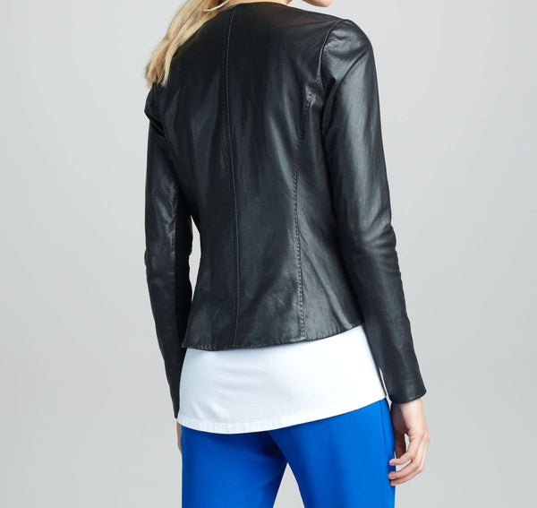 Noora women's simple black Biker leather jacket ST0314
