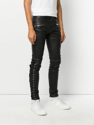 Noora New Men's Real Leather Laces Up Bikers Pants Laces Up Pants leather pants Black Leather Pants WA20