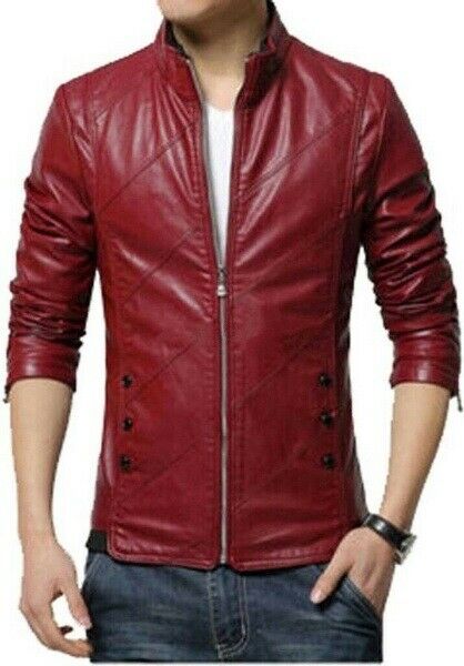 NOORA Men's Real Lambskin Wine Red Leather Quilted Biker Jacket With Zipper & Pocket | Button On Pockets | Zip On Sleeves | ST0415