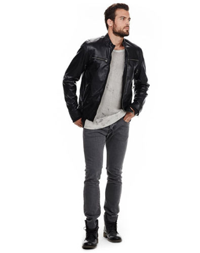Men’s black leather jacket with front pockets - Noora International