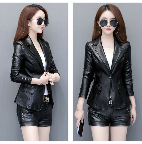 Noora New Handmade Women's Leather Blazer Two botton coat For Business meetings Slim fit Black c