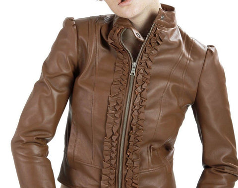 Noora Women's Brown Lambskin Leather Jacket with Ruffles | Stylish Club wear Crop Top Leather Jacket | Special Occasional Gift for her ST0256