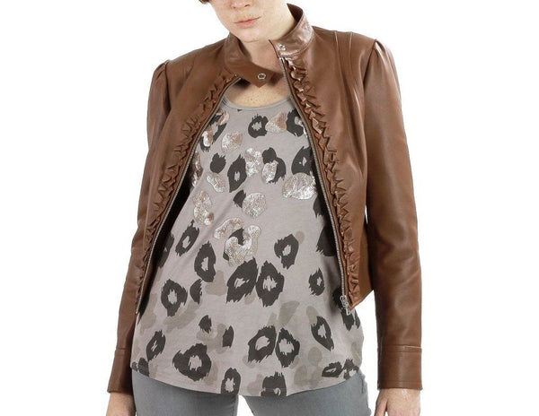 Noora Women's Brown Lambskin Leather Jacket with Ruffles | Stylish Club wear Crop Top Leather Jacket | Special Occasional Gift for her ST0256
