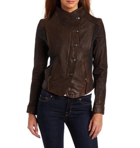 Noora Women's brown leather jacket with embellishment ST0254