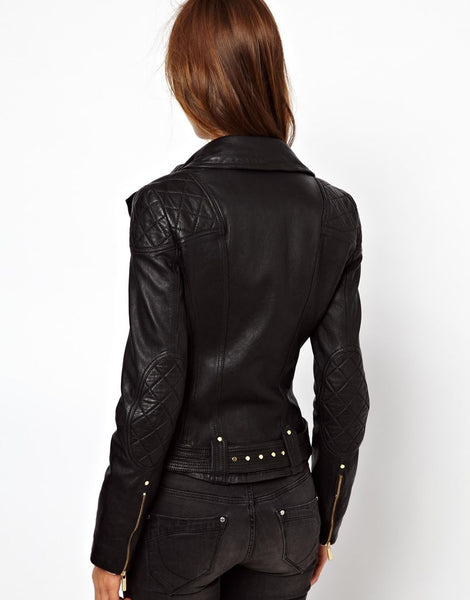 Noora women's fitted black motorcycle leather jacket ST0246
