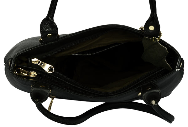 Women's solid black leather handbag