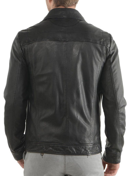 Noora Men's Lambskin Leather Jacket Down Collar with Pockets and Zippers Real Black Jacket Leather BS156