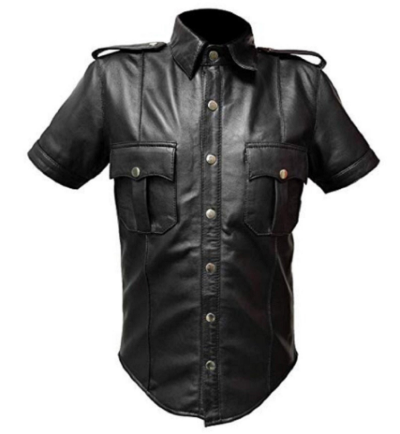 Noora Mens Black Lambskin Leather Police Uniform Shirt | Half Sleeve With Shoulder Strap With Button closure Black Shirt SU043