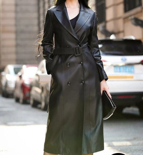 NOORA Women's Leather Black Trench Coat, Styled with side pockets Stylish Trench Coat JS22