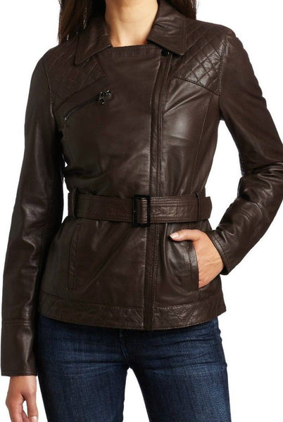 Noora Women's Brown Biker Leather Jacket with Belt ST0269