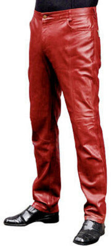 NOORA For MEN & BOYS 100% Genuine Lambskin Leather Red Pant with Straiht Jeans style Sj526