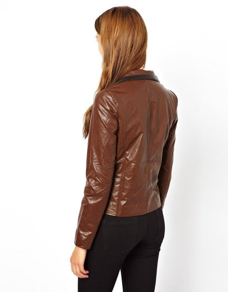 Noora Women's Light Brown Leather Jacket with Black Border ST0282