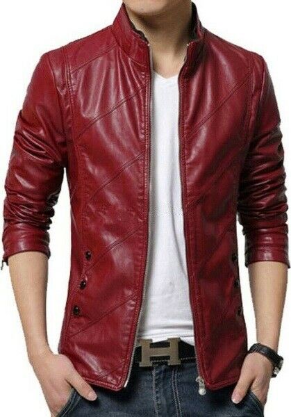 NOORA Men's Real Lambskin Wine Red Leather Quilted Biker Jacket With Zipper & Pocket | Button On Pockets | Zip On Sleeves | ST0415