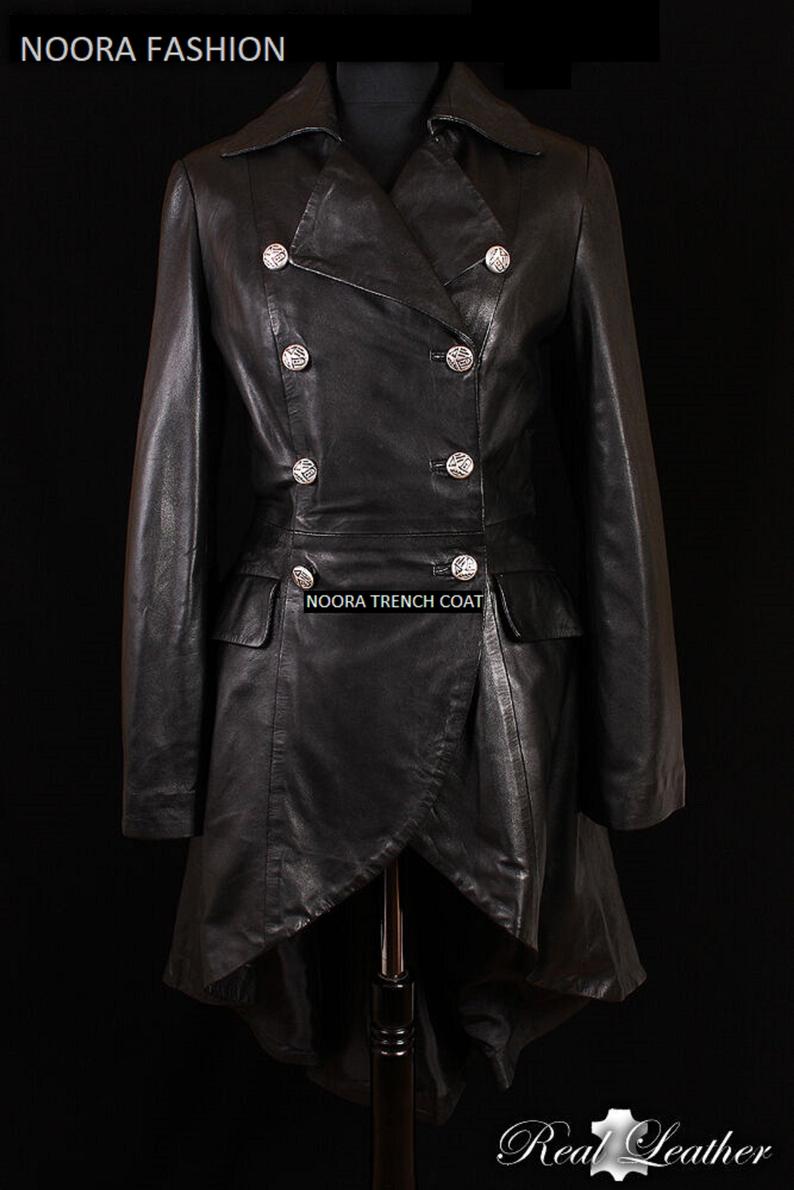 NOORA Customize Handmade Black Leather Trench Coat Women's Lambskin Long Overcoat Winter Jacket ,Designer Trench Coat, Celebrity Coat -Sj506