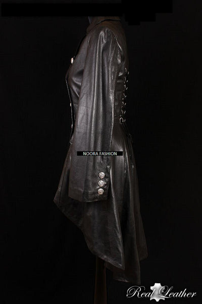 NOORA Black Leather Trench Coat Women's Long Overcoat Winter Jacket ,Designer Trench Coat, Celebrity Coat -Sj506