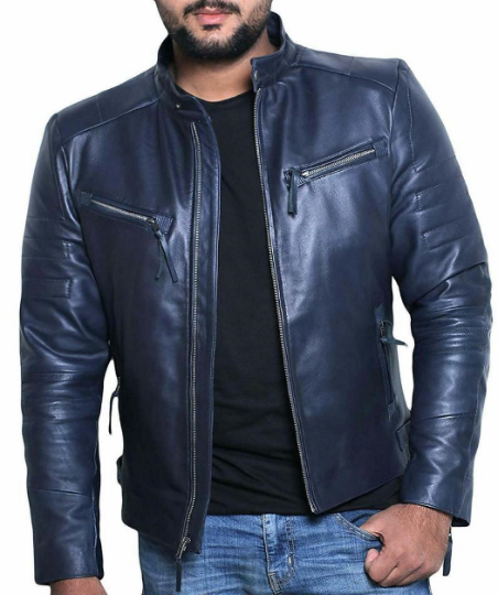 Leather jacket in blue colour outlet