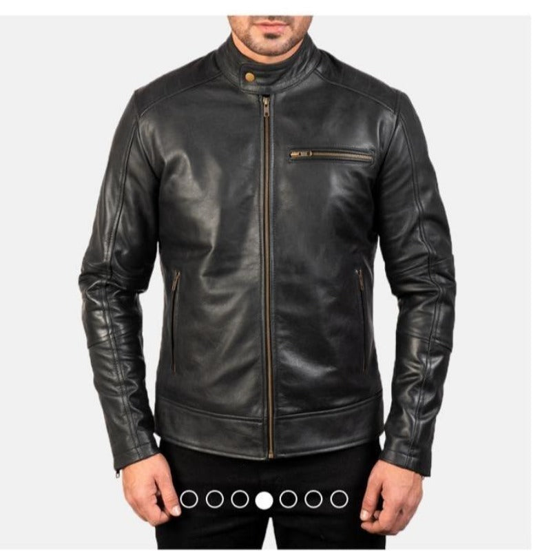 Noora Men's Black Lambskin Leather Motorcycle biker Leather Jacket  With Zipper & Snap Designer  Rider Racer Jacket SU0655