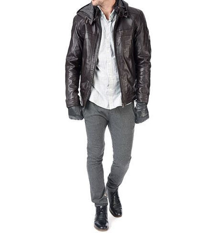 men’s dark brown leather jacket with hoodie - Noora International