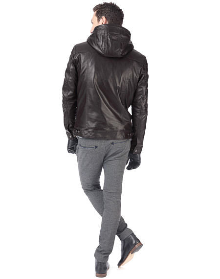 men’s dark brown leather jacket with hoodie - Noora International