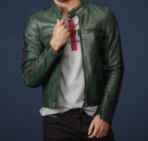 men’s dark green leather jacket with collar - Noora International